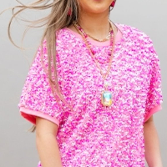 Pink Sequin Dress with Pockets Round Neck Short Sleeves Mini Dress - Picture 2 of 4